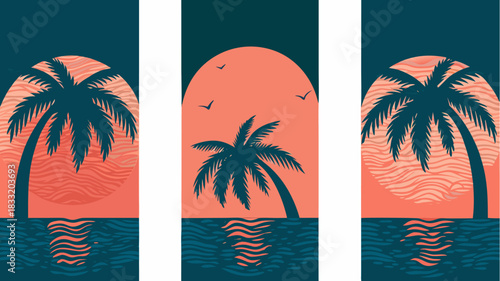 Dreamy tropical sunset with palm trees and ocean waves, perfect for summer vibes and vacation getaways, originally a scalable vector graphic