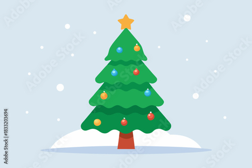 Cartoon christmas tree with snowflakes and ornaments on a light blue background