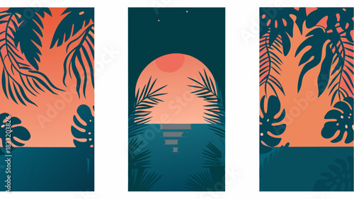 Tropical sunset triptych, a serene escape to paradise with palm leaves framing ocean horizon, ideal for travel posters, vibrant summer promotions, relaxing vacation vibes