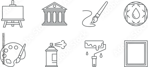 Art and painting supplies line icons set, creative studio workshop