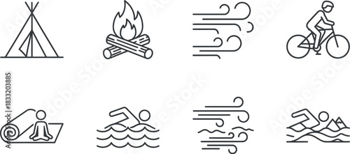 Outdoor adventure and sport activity line icons collection set