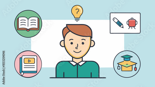 Cartoon student with idea bulb and educational icons around