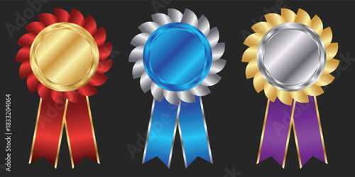 Blank Award Ribbon Badge Collection in Gold, Blue, and Silver with Glossy Metallic Finish for Certificate and Achievement Design Vector