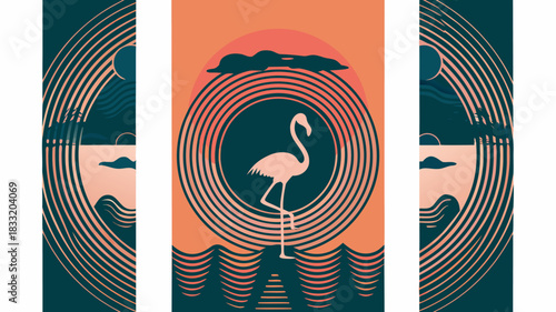 Exotic flamingo on the beach at sunset, a tropical vacation vibe with retro stylized waves and sun illustration, perfect for summer prints and designs