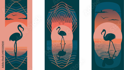 Stunning flamingo silhouette at sunset, vibrant tropical beach vibes for modern designs, bringing a touch of paradise, originally a scalable vector graphic