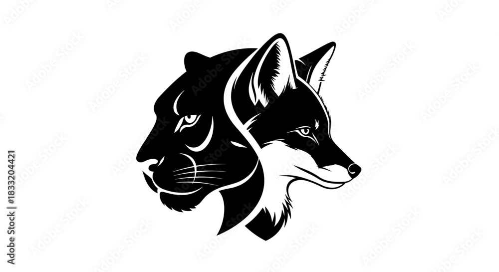 Obraz premium Dual Nature Panther and Fox Head Silhouette Illustration.