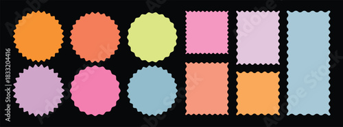 Set of colorful zigzag edges. Zigzag and colorful Shapes. Geometric shapes with scallop and zigzag edges set. Zig zag edge circle, square shape collection.