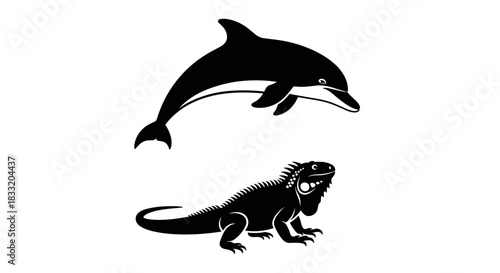 Dolphin and Iguana Silhouette A Study in Contrasting Forms.