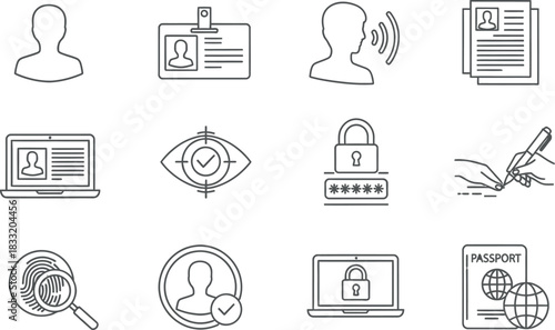 Identity, security and personal data icons set. account access