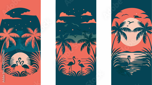 Tropical getaway at sunset with graceful flamingos, palm trees swaying in the breeze, serene water reflections, and vibrant island vibes, perfect for summer designs