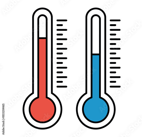 Two thermometers illustrate contrasting temperatures, one red for hot and one blue for cold.
