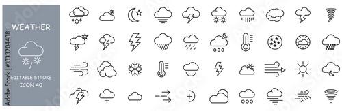 Weather icons. Set of 40 weather web icons in line style. Weather , clouds, sunny day, moon, snowflakes, wind, sun day.  Linear style.  Vector illustration.  