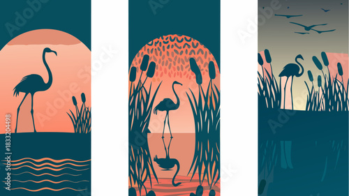Elegant flamingo silhouettes at sunset create tranquil, artistic compositions ideal for sophisticated designs and calm nature themes, originally a scalable graphic