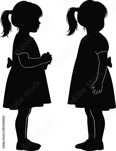 Silhouette of two little girls standing, childhood, innocence, friendship, young kids, profile view, vector illustration, simple design, black outline, pose