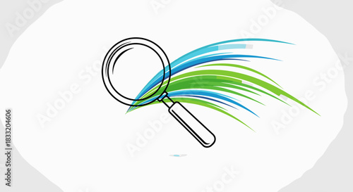 Magnifying Glass with Abstract Green and Blue Lines Illustration.