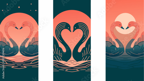 Elegant swans forming a heart shape against celestial backgrounds, symbolizing love and devotion, perfect for Valentine's Day, weddings, or romantic designs