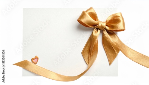 Elegant Golden Ribbon Bow on White Card with Heart Accent.