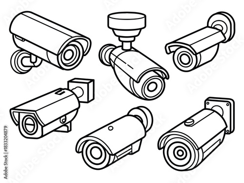 A collection of six distinct surveillance cameras are presented in a simplified illustrative style.