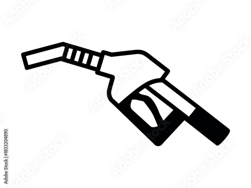A stylized black and white illustration depicts a fuel nozzle for dispensing gasoline at a gas station.