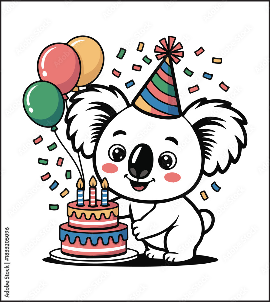 Fototapeta premium Cute adorable animal koala celebrating birthday with cake and balloons black outline vector illustration simple and beautiful coloring book for kids