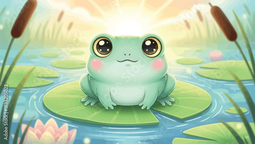 Cute cartoon frog sitting on a lily pad in a pond on a sunny day scene