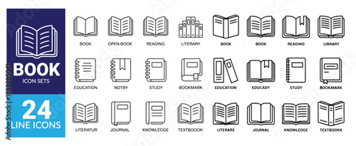 Book icon sets simple outline style vector illustration for education, library, study, literature, and knowledge concepts