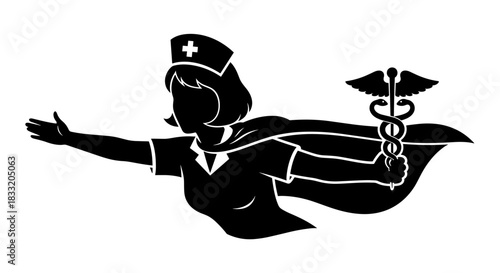 Nurse Superhero Silhouette with Caduceus Symbol in Hand.