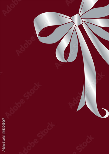 vertical red poster with a voluminous silver bow on the side, invitations, flyers or decorative frames