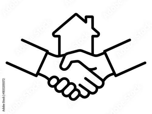 Two hands shaking in front of a house icon symbolizes a real estate transaction or partnership.