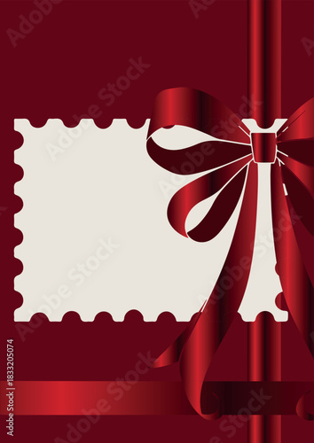 vertical poster template in red with a voluminous bow and ribbons on the side, for invitations, flyers or decorative frames