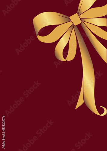 vertical red poster with a voluminous bow with a gold gradient on the side, invitations, flyers or decorative frames
