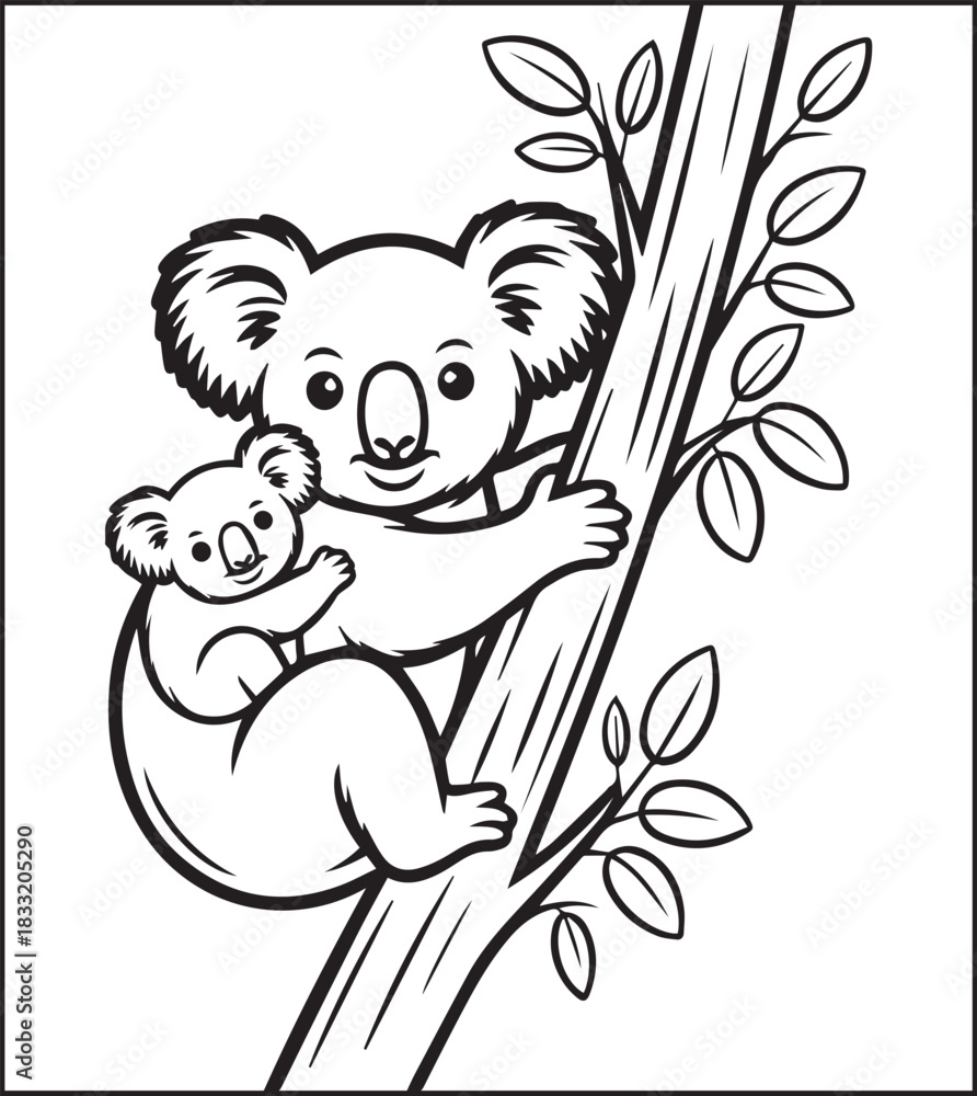 Fototapeta premium Cute adorable animal koala climb a tree black outline vector illustration simple and beautiful coloring book for kids