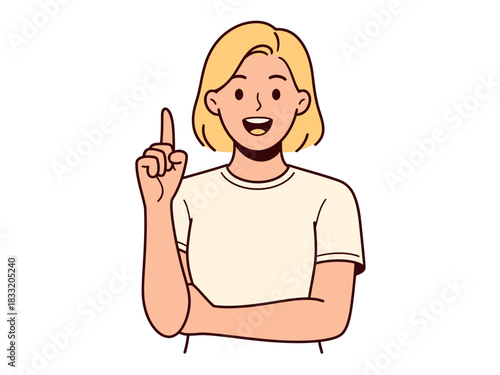 A young woman with blonde hair raises her finger to indicate an idea or a point.