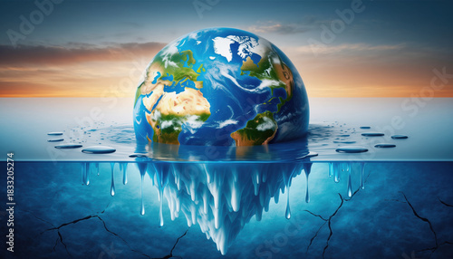 Symbolic concept of melting Earth iceberg shows planet in peril. This global warming and climate change art concept represents concerning future for our environment