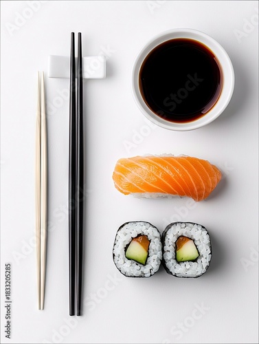 Overhead shot of sushi, chopsticks, and soy sauce on a white surface. The image features salmon nigiri and sushi rolls.