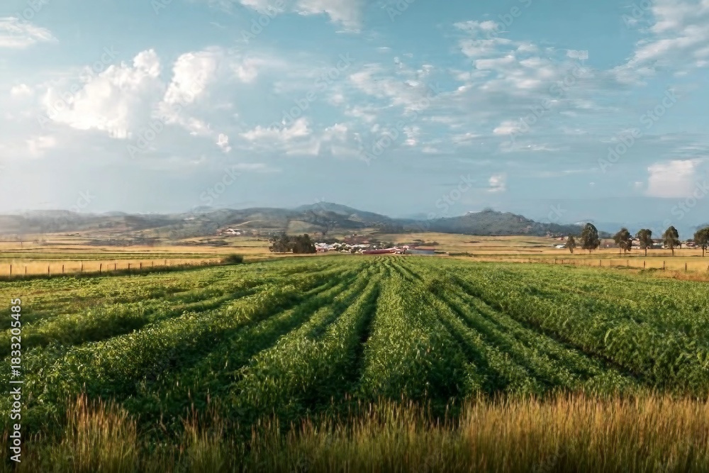 Fototapeta premium Empty farm, landscape and crops in environment, countryside and outdoor with clouds in sky. Plants, vegetables and nature with agriculture, sustainability and food production 