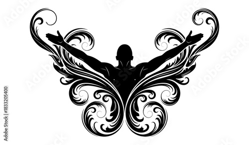 Winged Silhouette with Ornamental Flourishes  Symbolic Black-and-White Illustration of Ascension and Freedom