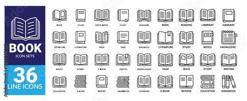 Book icon sets with outline style on white background, school and education symbols for ui ux design