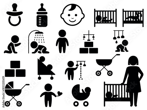 A collection of simple black silhouette icons representing baby care, including pacifiers, bottles, cribs, strollers, and children.
