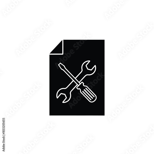 White wrench and screwdriver on black document icon