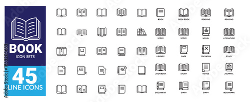 Book icon sets with outline style on white background, learning and knowledge symbols for ui ux design