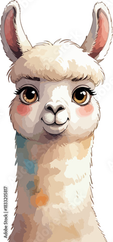 A charming watercolor-style llama with warm beige fur, big expressive eyes, and rosy cheeks gazes forward with a gentle, friendly smile.
