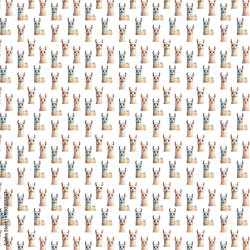 A seamless repeating pattern featuring cute watercolor-style llamas in soft pastel tones, arranged evenly on a clean white background for a playful and charming design.