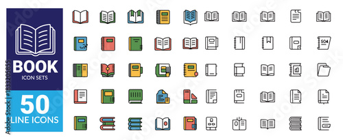 Book icon sets with filled line style on white background, study and learning symbols for ui ux design