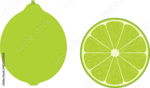 Bright Green Lime Citrus Fruit Vector Illustration, Featuring a Whole Oval Fruit and a Sliced Cross-Section, Ideal for Refreshing Beverage Labels, Cooking Menus, and Healthy Diet Graphics