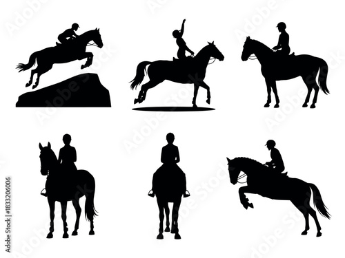 Silhouettes depict various equestrian activities including jumping and riding a horse.