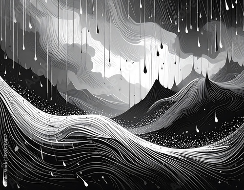 Stylized grayscale landscape with falling rain. Flowing lines shape hills, clouds, and water
