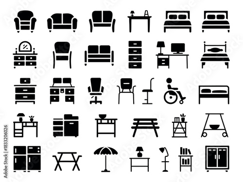 A collection of various furniture icons representing different types of seating, beds, tables, and storage solutions.