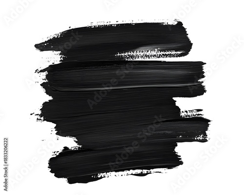 Impasto brushstroke of thick black pigment across a white background