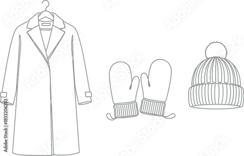 Winter clothing line art featuring coat mittens and hat on a white background